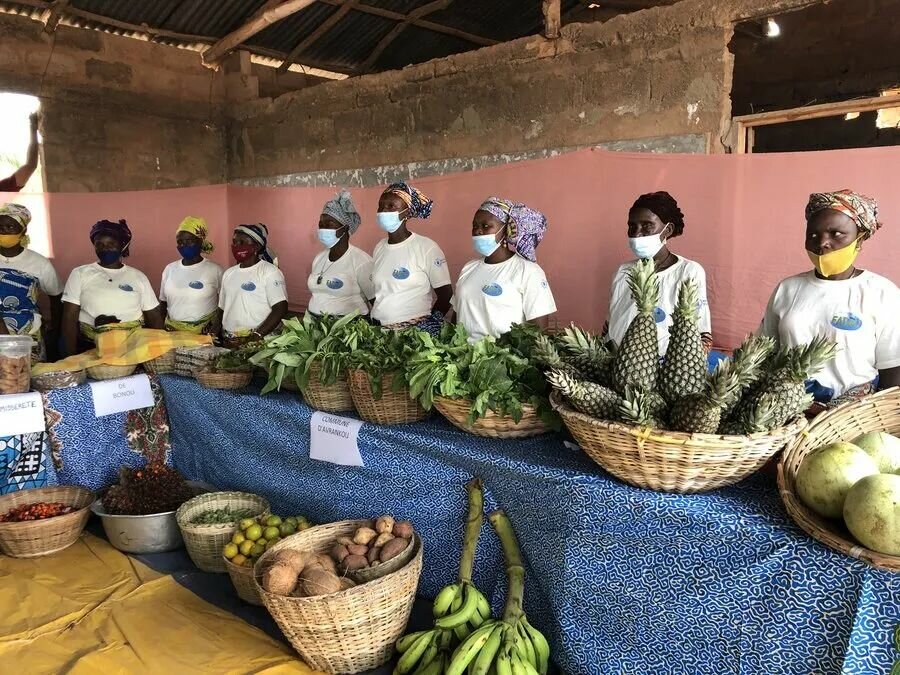 贝宁：当博（Dangbo）地区的一个妇女团体为当地学校营养餐计划贡献水果和蔬菜。照片©WFP/Djaounsede Madjiangar